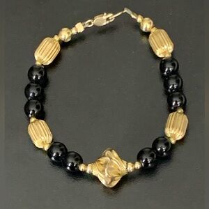 Vintage 14K GF Gold filled Black Onyx Beaded Bracelet  sz 8